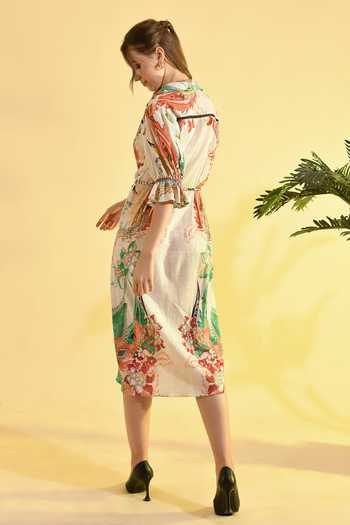 Bhanuni By Jyoti_Multi Color Viscose V-neck, Collared Elmira Printed Midi Dress _Online_at_Aza_Fashions