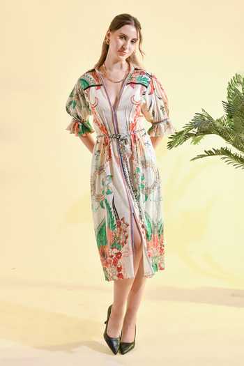Buy_Bhanuni By Jyoti_Multi Color Viscose V-neck, Collared Elmira Printed Midi Dress _Online_at_Aza_Fashions