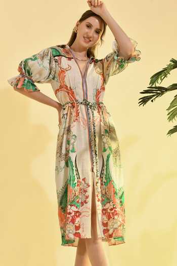 Shop_Bhanuni By Jyoti_Multi Color Viscose V-neck, Collared Elmira Printed Midi Dress _Online_at_Aza_Fashions