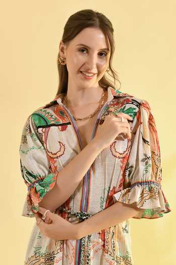 Bhanuni By Jyoti_Multi Color Viscose V-neck, Collared Elmira Printed Midi Dress _at_Aza_Fashions