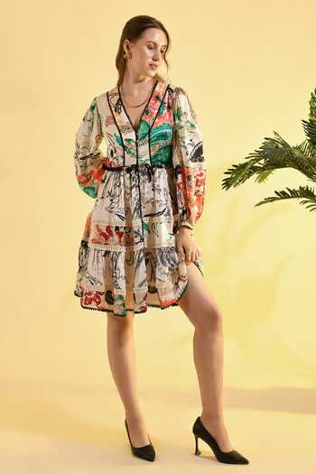 Bhanuni By Jyoti_Multi Color Viscose V-neck Elmira Printed Mini Dress _Online_at_Aza_Fashions