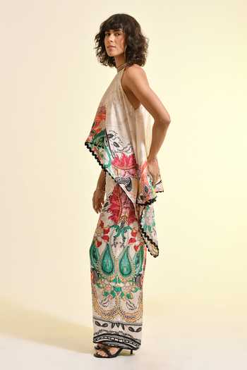 Bhanuni By Jyoti_Multi Color Viscose Halter Neck Elmira Printed Asymmetric Top _Online_at_Aza_Fashions