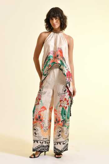 Buy_Bhanuni By Jyoti_Multi Color Viscose Halter Neck Elmira Printed Asymmetric Top _Online_at_Aza_Fashions