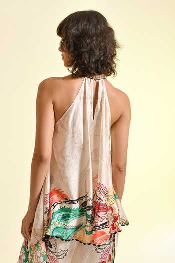 Buy_Bhanuni By Jyoti_Multi Color Viscose Halter Neck Elmira Printed Asymmetric Top 