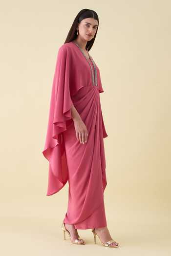 Aakaar_Pink Silk, Crepe V-neck Metallic Embellishment Dress _Online_at_Aza_Fashions