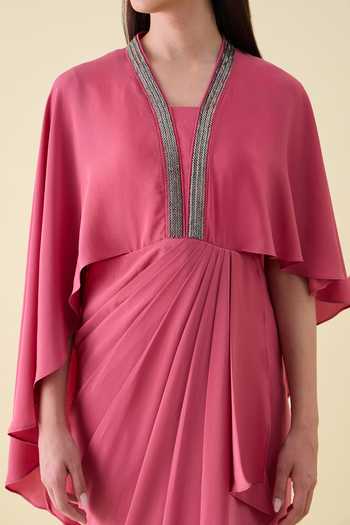 Buy_Aakaar_Pink Silk, Crepe V-neck Metallic Embellishment Dress _Online_at_Aza_Fashions