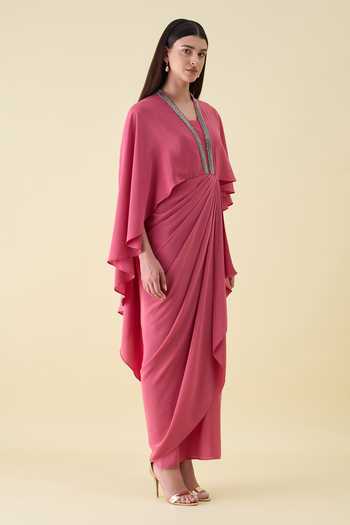 Shop_Aakaar_Pink Silk, Crepe V-neck Metallic Embellishment Dress _Online_at_Aza_Fashions