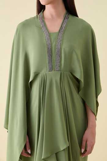 Aakaar_Green Silk, Crepe V-neck Metallic Embellishment Dress _Online_at_Aza_Fashions