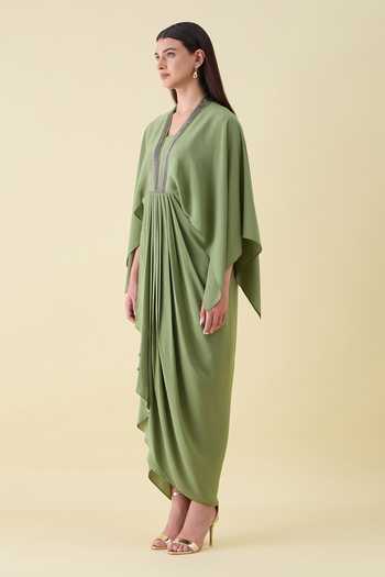 Buy_Aakaar_Green Silk, Crepe V-neck Metallic Embellishment Dress _Online_at_Aza_Fashions