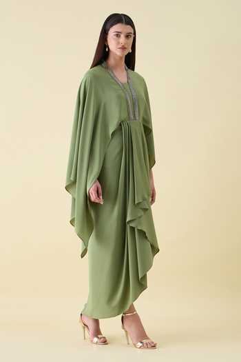 Shop_Aakaar_Green Silk, Crepe V-neck Metallic Embellishment Dress _Online_at_Aza_Fashions