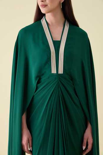 Aakaar_Emerald Green Silk, Crepe V-neck Maxi Dress _Online_at_Aza_Fashions