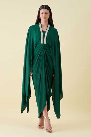 Aakaar_Emerald Green Silk, Crepe V-neck Maxi Dress _at_Aza_Fashions