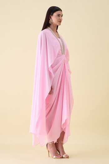 Aakaar_Pink Crepe V-neck Draped Maxi Dress _Online_at_Aza_Fashions