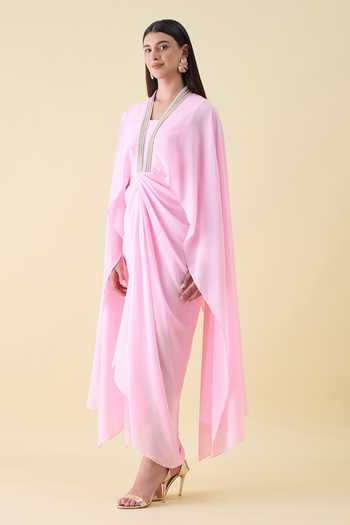 Buy_Aakaar_Pink Crepe V-neck Draped Maxi Dress _Online_at_Aza_Fashions