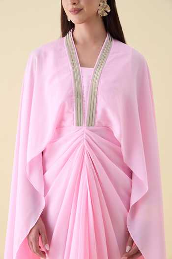 Shop_Aakaar_Pink Crepe V-neck Draped Maxi Dress _Online_at_Aza_Fashions