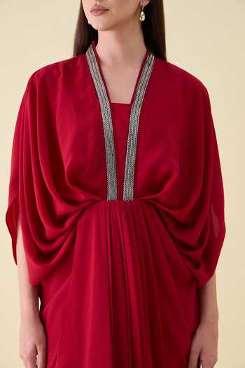 Aakaar_Red Crepe V-neck Metallic Embellishment Maxi Dress _Online_at_Aza_Fashions