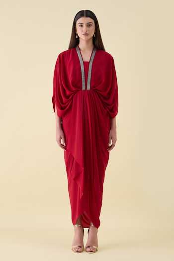 Buy_Aakaar_Red Crepe V-neck Metallic Embellishment Maxi Dress _Online_at_Aza_Fashions