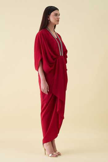 Shop_Aakaar_Red Crepe V-neck Metallic Embellishment Maxi Dress _Online_at_Aza_Fashions
