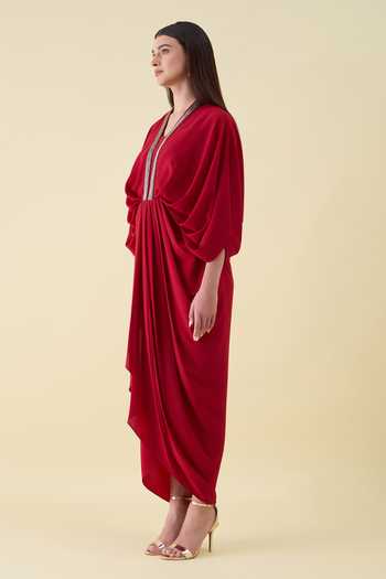 Aakaar_Red Crepe V-neck Metallic Embellishment Maxi Dress _at_Aza_Fashions