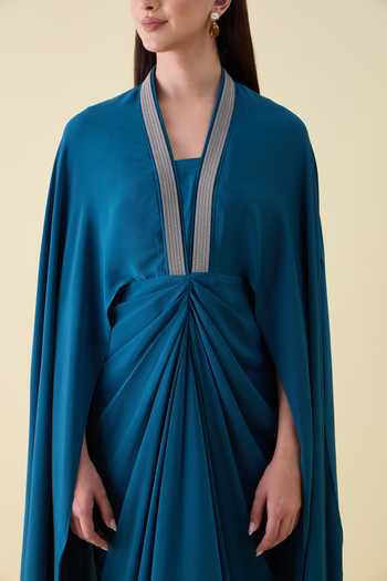 Aakaar_Teal Silk, Crepe V-neck Metallic Leather Embellishment Dress _Online_at_Aza_Fashions