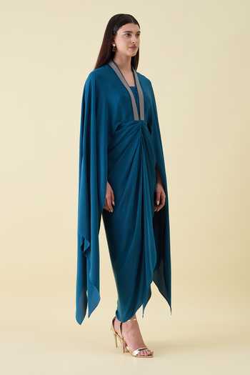 Buy_Aakaar_Teal Silk, Crepe V-neck Metallic Leather Embellishment Dress _Online_at_Aza_Fashions