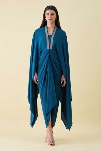 Shop_Aakaar_Teal Silk, Crepe V-neck Metallic Leather Embellishment Dress _Online_at_Aza_Fashions