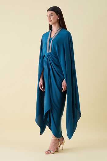 Aakaar_Teal Silk, Crepe V-neck Metallic Leather Embellishment Dress _at_Aza_Fashions