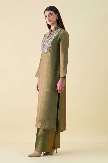Aakaar_Green Silk Mandarin Collar Metallic Sequin Work Bodice Kurta And Pant Set _Online_at_Aza_Fashions