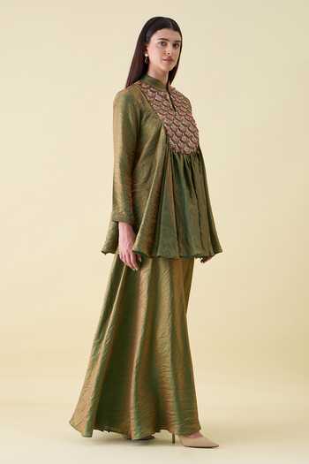 Buy_Aakaar_Green Silk Mandarin Collar Metallic Sequin Work Kurta And Sharara Set _Online_at_Aza_Fashions