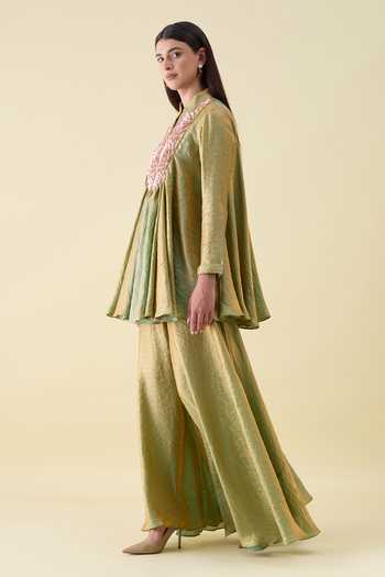 Aakaar_Green Silk Mandarin Collar Dual Kurta And Sharara Set _Online_at_Aza_Fashions