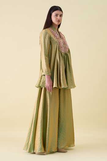 Buy_Aakaar_Green Silk Mandarin Collar Dual Kurta And Sharara Set _Online_at_Aza_Fashions