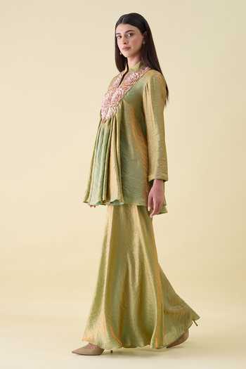 Shop_Aakaar_Green Silk Mandarin Collar Dual Kurta And Sharara Set _Online_at_Aza_Fashions