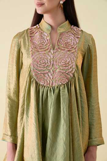 Aakaar_Green Silk Mandarin Collar Dual Kurta And Sharara Set _at_Aza_Fashions