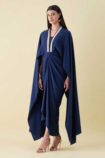 Buy Aakaar Navy Crepe V-neck Metallic Sequin Draped Dress Online at Aza Fashions Buy_Aakaar_Navy Crepe V-neck Metallic Sequin Draped Dress _Online_at_Aza_Fashions