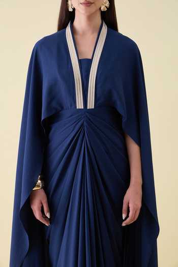 Shop Aakaar Navy Crepe V-neck Metallic Sequin Draped Dress Online at Aza Fashions Shop_Aakaar_Navy Crepe V-neck Metallic Sequin Draped Dress _Online_at_Aza_Fashions