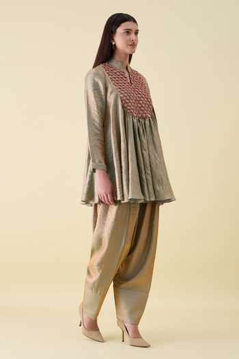 Aakaar_Beige Silk Mandarin Metallic Sequin Embellishment Dual Kurta And Salwar Set _Online_at_Aza_Fashions