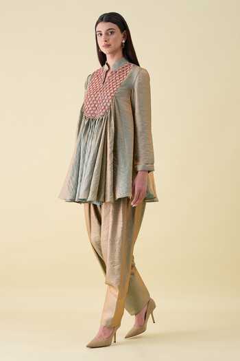 Buy_Aakaar_Beige Silk Mandarin Metallic Sequin Embellishment Dual Kurta And Salwar Set _Online_at_Aza_Fashions