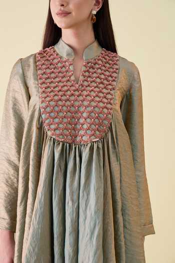 Shop_Aakaar_Beige Silk Mandarin Metallic Sequin Embellishment Dual Kurta And Salwar Set _Online_at_Aza_Fashions