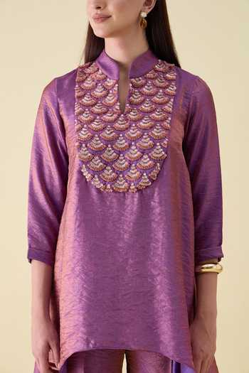 Aakaar_Purple Silk Mandarin Collar, Yes Metallic Sequin Embellished Kurta And Pant Set _Online_at_Aza_Fashions