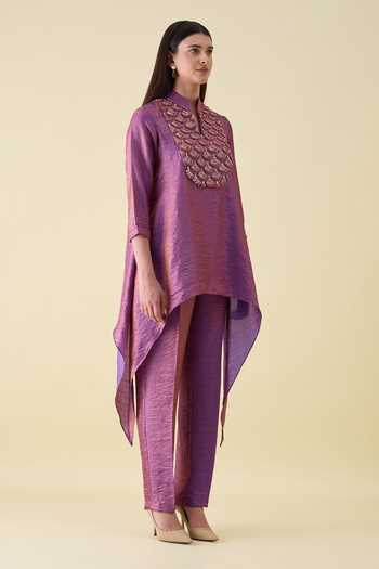 Shop_Aakaar_Purple Silk Mandarin Collar, Yes Metallic Sequin Embellished Kurta And Pant Set _Online_at_Aza_Fashions