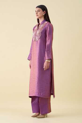Aakaar_Purple Silk Mandarin Collar Metallic Dual Kurta And Pant Set _Online_at_Aza_Fashions