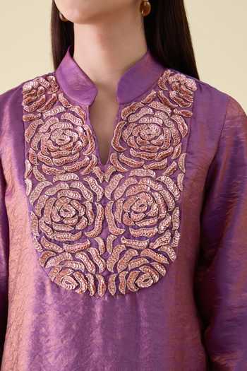 Shop_Aakaar_Purple Silk Mandarin Collar Metallic Dual Kurta And Pant Set _Online_at_Aza_Fashions