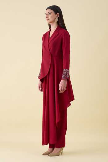 Aakaar_Red Crepe Crystal Applique Sleeve Blazer And Pant Set _Online_at_Aza_Fashions