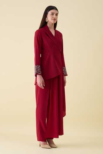 Buy_Aakaar_Red Crepe Crystal Applique Sleeve Blazer And Pant Set _Online_at_Aza_Fashions