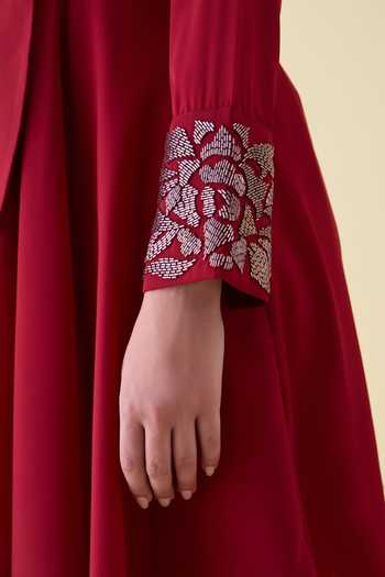 Aakaar_Red Crepe Crystal Applique Sleeve Blazer And Pant Set _at_Aza_Fashions