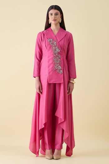 Shop_Aakaar_Pink Silk, Cotton Sequin Embellishment Kurta And Pant Set _Online_at_Aza_Fashions