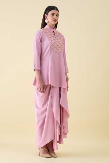 Shop_Aakaar_Pink Crepe Sequin Embellishment Kurta And Skirt Set _Online_at_Aza_Fashions