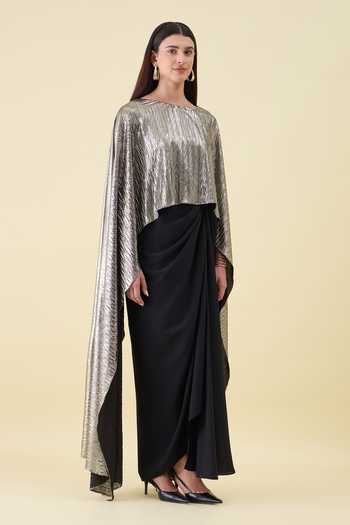 Aakaar_Black Silk, Cotton Boat Neck Draped Maxi Dress _Online_at_Aza_Fashions
