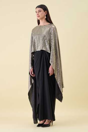 Buy_Aakaar_Black Silk, Cotton Boat Neck Draped Maxi Dress _Online_at_Aza_Fashions
