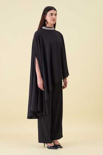 Shop_Aakaar_Black Crepe Mandarin Collar Asymmetric Kurta And Pant Set _Online_at_Aza_Fashions